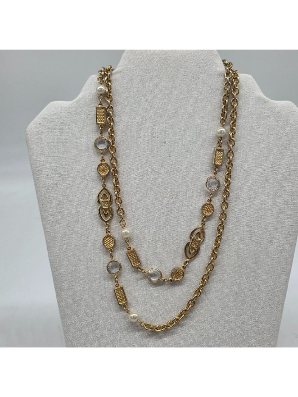 Vintage Gold Tone Fashion Necklace With Pearls & Clear Beads 37" Long - Picture 2 of 8